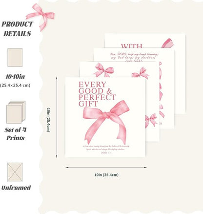 LARTSFRO Coquette Pink Bow Wall Art Decor - Aesthetic Posters for Teen Girls | Set of 4 Unframed 10x10 Inch