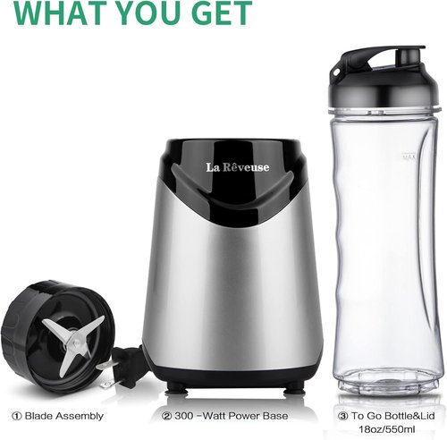 La Reveuse Smoothies Blender - 300 Watts Personal Size with 18 oz BPA-Free Travel Bottle | Silver