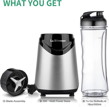 La Reveuse Smoothies Blender - 300 Watts Personal Size with 18 oz BPA-Free Travel Bottle | Silver
