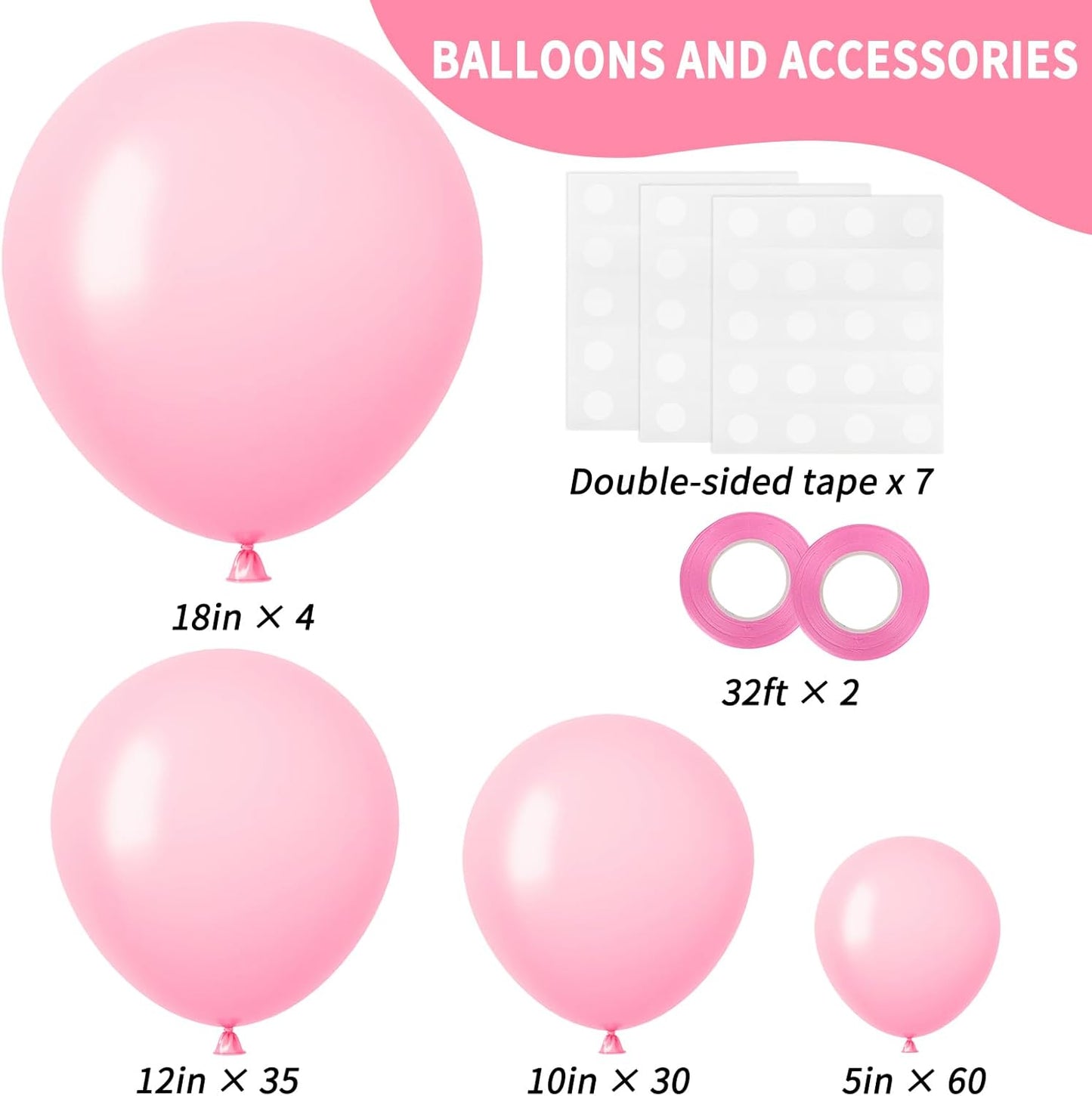 RUBFAC Pink Balloons - 129-Piece Set in Light Pastel Pink | Various Sizes for Party Decorations