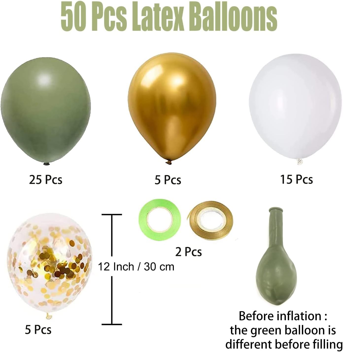 Sage Green Gold White Party Balloons - 50Pcs Confetti Balloons for Birthday & Wedding Decor