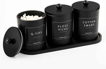 Regine Switzerland Glass Qtip Holder - Elegant Black Cotton Round Dispenser with Bamboo Tray | Set of 3