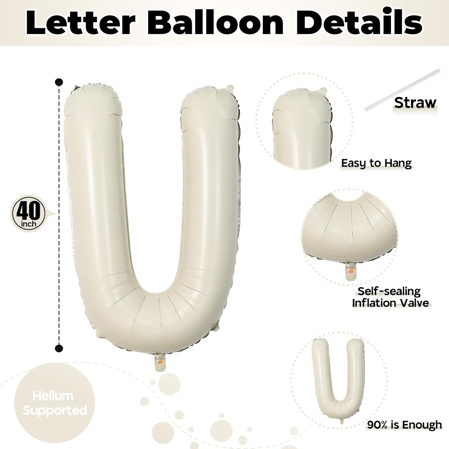 Skiennix 40-Inch Cream White Sand Mylar Alphabet Balloon - Self-Inflating Beige Foil for Custom Name Decor | Perfect for Girls' Birthday Party & Baby Shower
