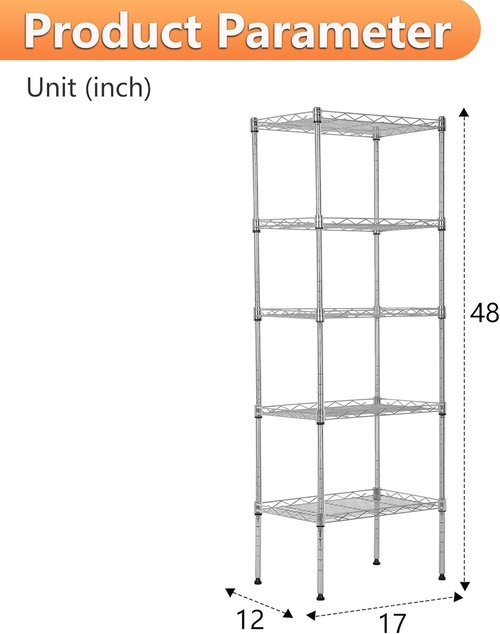 BestOffice 5-Tier Wire Storage Shelves - Heavy-Duty Metal | Adjustable Racks | Chrome Finish | 17x12x48 Inches | Holds Up to 750 lbs | Easy No-Tool Assembly for Home & Garage