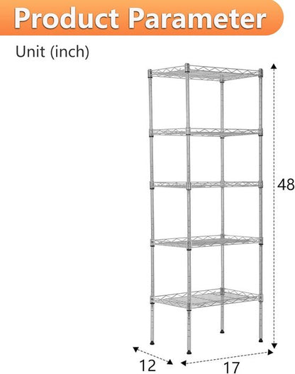 BestOffice 5-Tier Wire Storage Shelves - Heavy-Duty Metal | Adjustable Racks | Chrome Finish | 17x12x48 Inches | Holds Up to 750 lbs | Easy No-Tool Assembly for Home & Garage