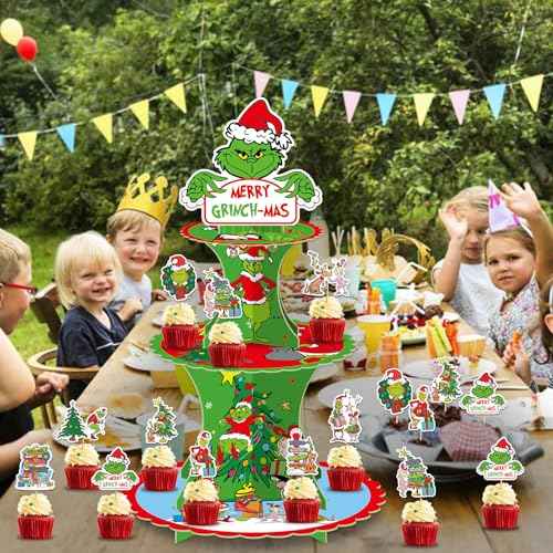 Grinee 3-Tier Cupcake Stand with 12pcs Toppers - Christmas Cupcake Holder & Decorations for Parties