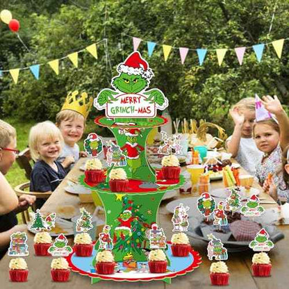 Grinee 3-Tier Cupcake Stand with 12pcs Toppers - Christmas Cupcake Holder & Decorations for Parties