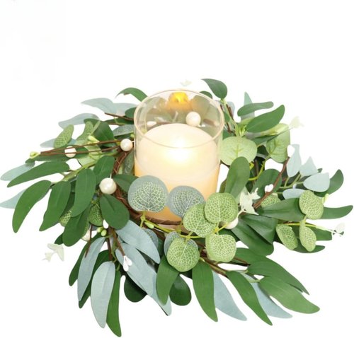 Greenery Candle Rings by [Brand Name] - 4-Inch Artificial Eucalyptus Wreaths with Pearl Berries | Boho Decor for Weddings & Home