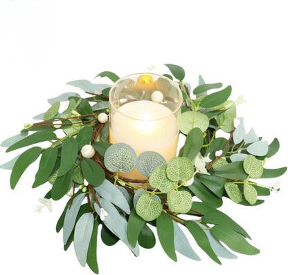 Greenery Candle Rings by [Brand Name] - 4-Inch Artificial Eucalyptus Wreaths with Pearl Berries | Boho Decor for Weddings & Home