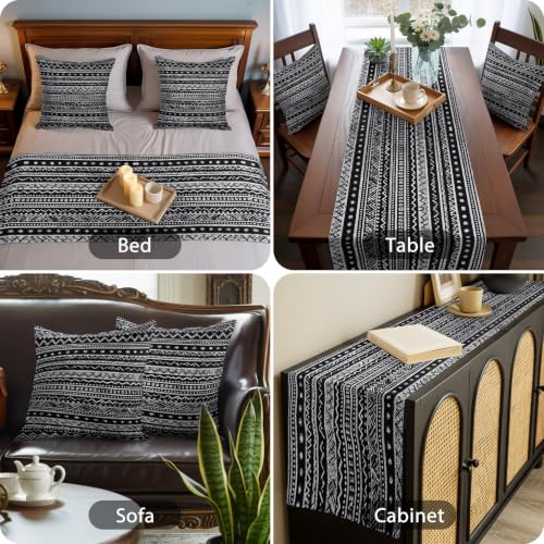 94x20 Inch Boho Bed Runner Set with 2 Pillow Covers - Black White Tribal Geometric