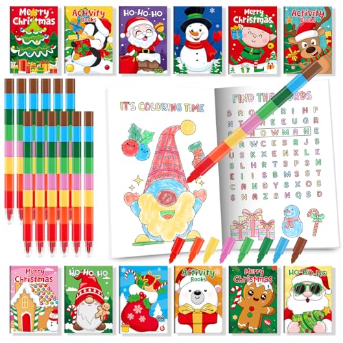Christmas Mini Activity Books with Crayons Set - 24 Pack for Kids