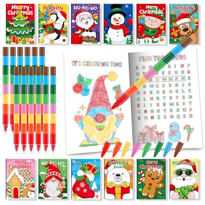 Christmas Mini Activity Books with Crayons Set - 24 Pack for Kids