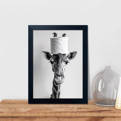 Giraffe Bathroom Wall Art | Funny Black and White Decor with Toilet Paper Roll | Framed Canvas Print