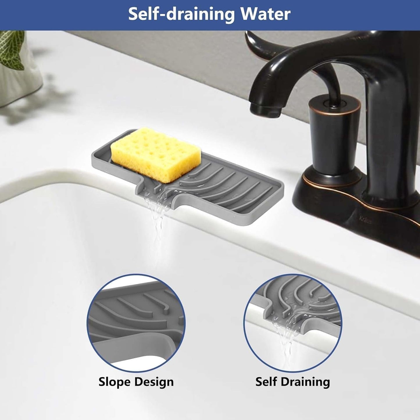 Skiennix Silicone Sponge Holder - Self-Draining Kitchen Sink Caddy | Gray, 10"x4" Soap Tray