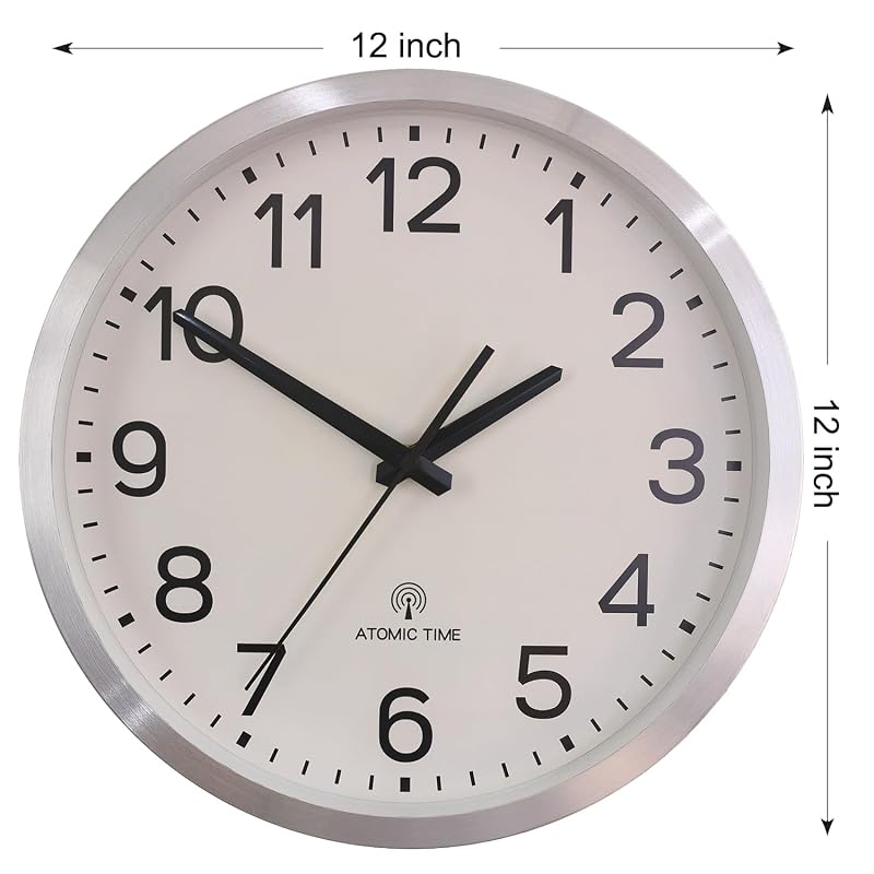 Atomic 12-Inch Wall Clock with Silver Aluminum Frame – Radio Controlled