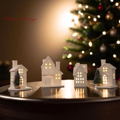 Christmas Village Set - 4 Lighted Ceramic Houses & 3 Trees | Indoor White Christmas Decorations