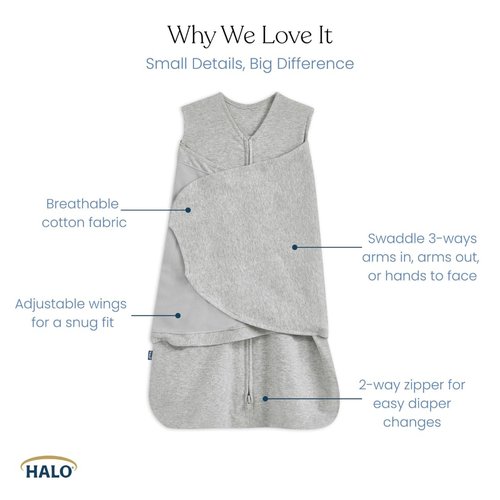 HALO 100% Cotton Sleepsack Swaddle - 3-Way Adjustable Wearable Blanket, TOG 1.5, Heather Grey, Small (3-6 Months)