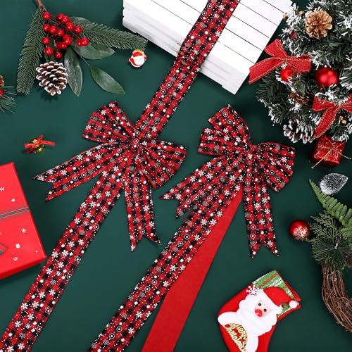 Christmas Door & Cabinet Bows with Snowflakes - Red Black Buffalo Plaid, 10 Pieces, 10 Inches