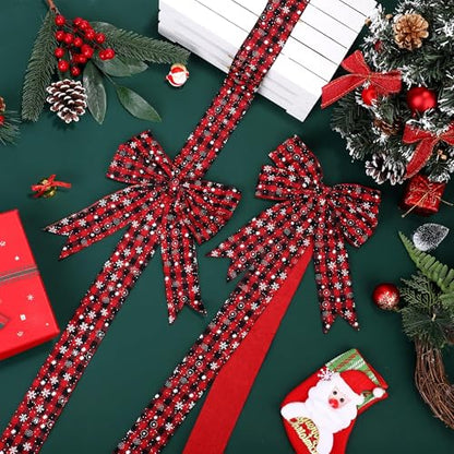 Christmas Door & Cabinet Bows with Snowflakes - Red Black Buffalo Plaid, 10 Pieces, 10 Inches