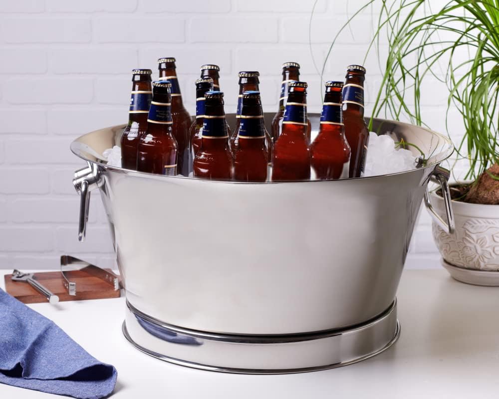 Sol Living Insulated Beverage Tub Large Ice Bucket with Handles Double Wall Stainless Steel Ice Bucket and Cooler for Wine, Drinks, Bar, Party, and Gift Beverage Cooler for Indoor and Outdoor Parties