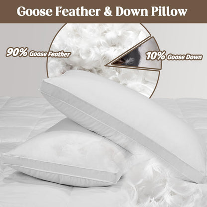 Goose Feathers Down Pillows, Pillows Standard Size Set of 2, Organic Cotton Cover,Gusseted Hotel Collection Bed Pillow for Back, Stomach or Side Sleepers