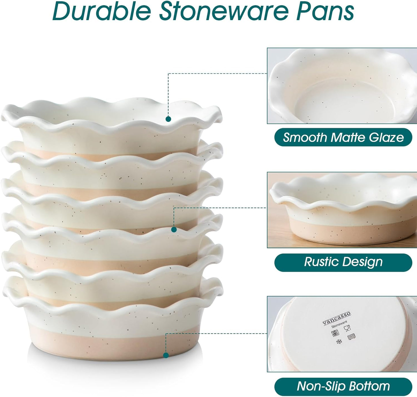 Vancasso Mini Pie Pans Set of 6 - 5.2 Inch Ceramic Deep Dish Plates | Ruffled Edge, Oven & Microwave Safe, Cream