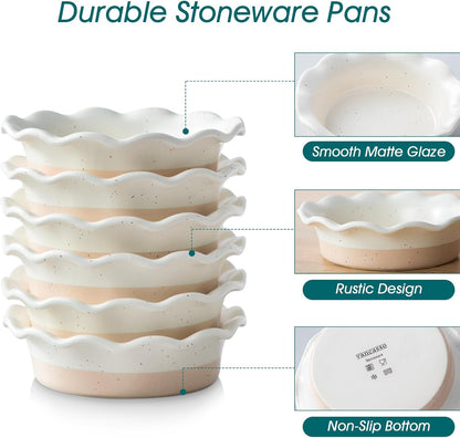 Vancasso Mini Pie Pans Set of 6 - 5.2 Inch Ceramic Deep Dish Plates | Ruffled Edge, Oven & Microwave Safe, Cream