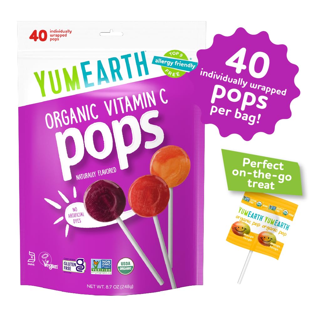 YumEarth Organic Vitamin C Pops - 40 Fruit Flavored Lollipops | Allergy Friendly, Gluten Free, Vegan