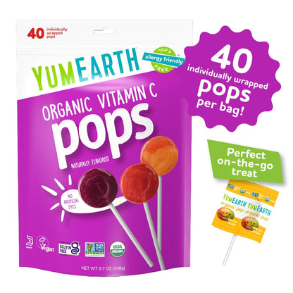 YumEarth Organic Vitamin C Pops - 40 Fruit Flavored Lollipops | Allergy Friendly, Gluten Free, Vegan