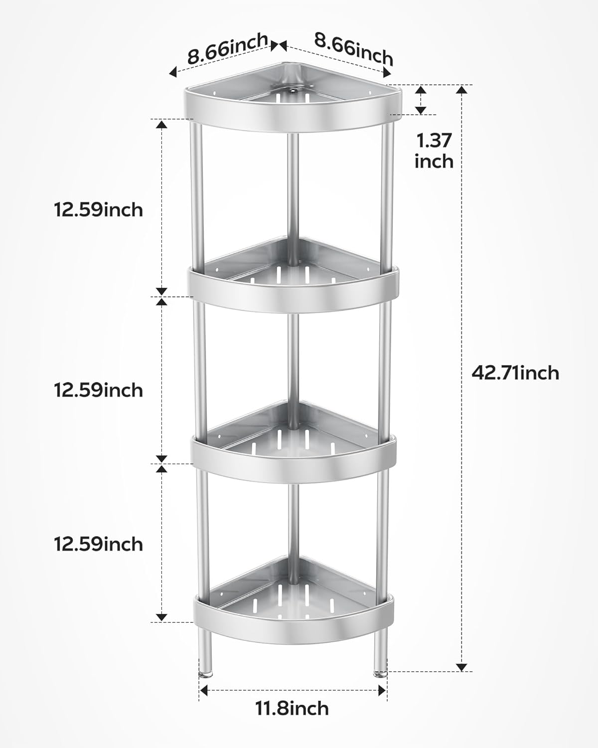 Nieifi Corner Shower Caddy Stand - 4-Tier Rustproof Aluminum Organizer | Height-Adjustable Legs for Stability - Silver