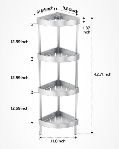 Nieifi Corner Shower Caddy Stand - 4-Tier Rustproof Aluminum Organizer | Height-Adjustable Legs for Stability - Silver