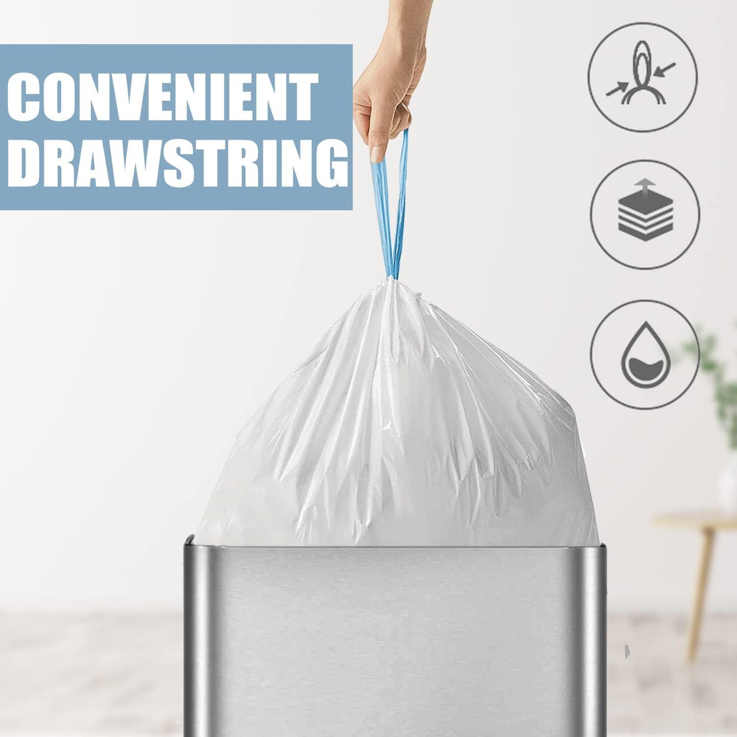 Small Trash Bags - 4 Gallon Drawstring Garbage Bags | Tear-Free, Unscented, 57 Count
