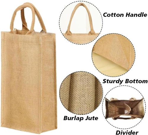 Jute Burlap 2 Bottle Wine Gift Tote Bags with Soft Cotton Handles Reusable for Wedding, Parties,Birthdays