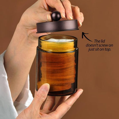 Amber Glass Qtip Holder - Apothecary Jar Set with Brown Metal Lid | Bathroom Storage Organizer (3 Pack, Bronze)