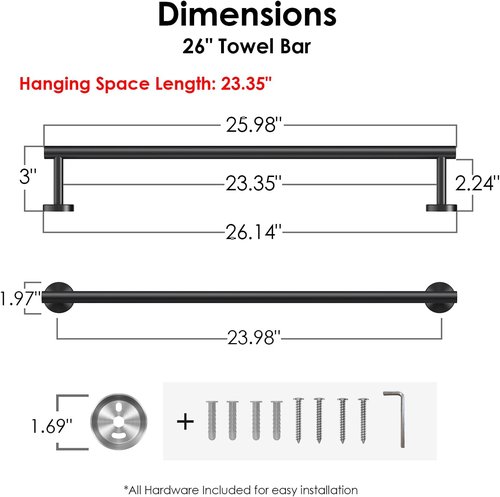 FORIOUS 24-Inch Black Towel Bar - Durable Stainless Steel Bathroom Rack with Mounting Hardware