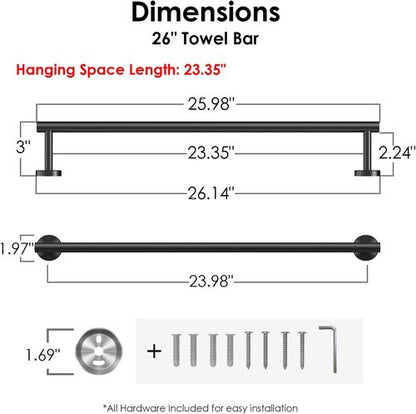 FORIOUS 24-Inch Black Towel Bar - Durable Stainless Steel Bathroom Rack with Mounting Hardware