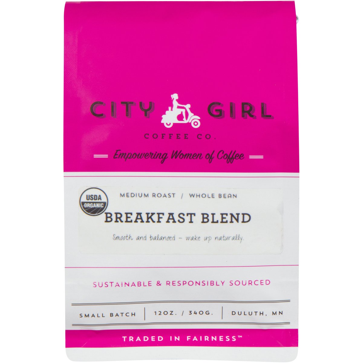 City Girl Coffee Organic Breakfast Blend Medium Roast, Whole Bean, Fair Trade, Small Batch, 12 oz Resealable Bag