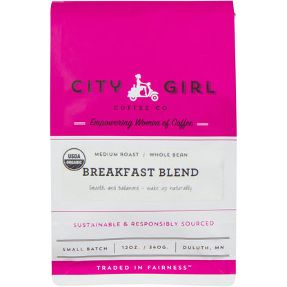 City Girl Coffee Organic Breakfast Blend Medium Roast, Whole Bean, Fair Trade, Small Batch, 12 oz Resealable Bag