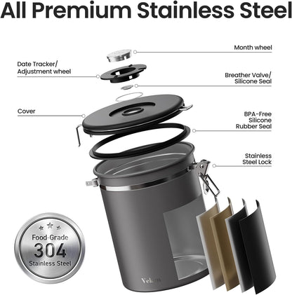 Veken Coffee Canister - Airtight Stainless Steel Storage Container with Date Tracker & Scoop | 22oz Gray
