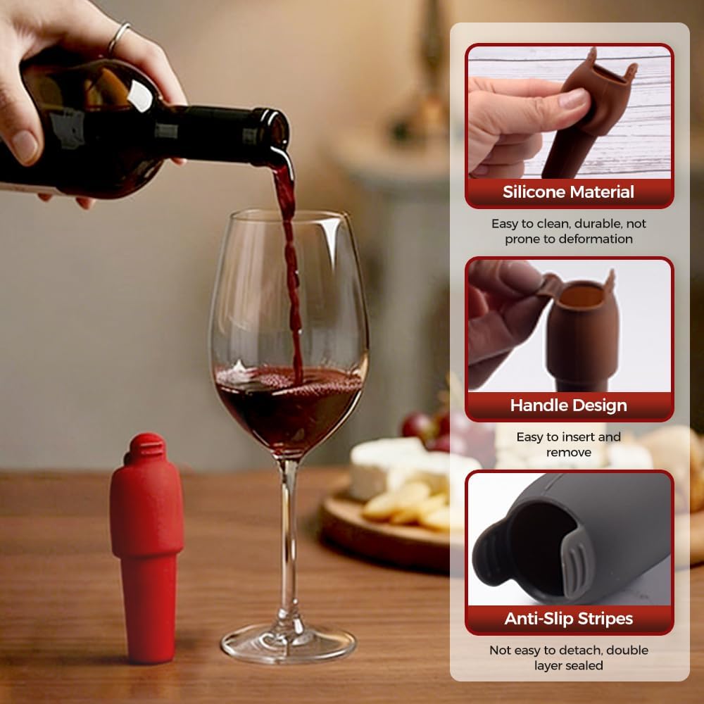 Silicone Wine Stopper for Wine Bottles, 2026 Upgrade Reusable Wine Stoppers for Wine Bottles, Seal Bottle Cover for Beer Champagne, Glass Bottle Sealer Covers Wine Stoppers for Home Use (4)