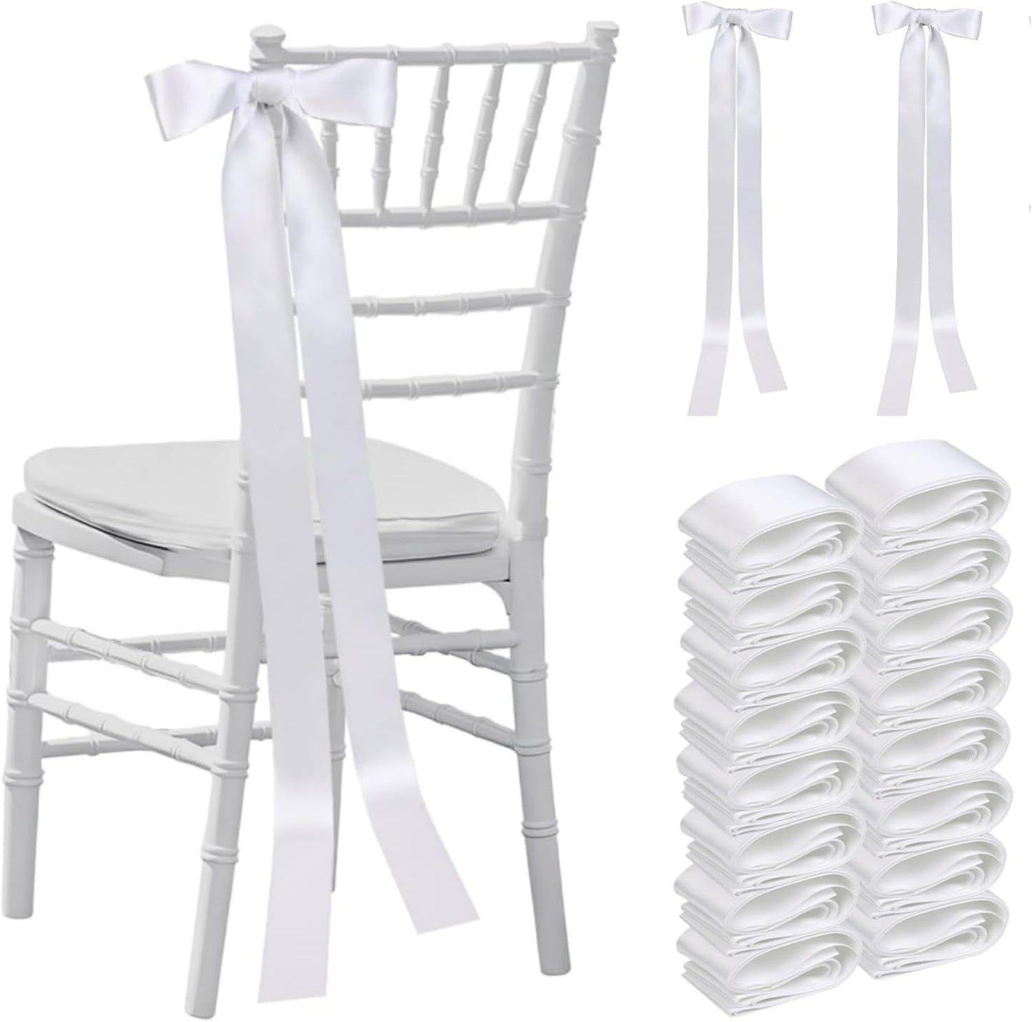 Skiennix 30 Pcs Satin Chair Sashes - 90.55x1.96 Inch Wedding Ribbons for Aisle Decor | White
