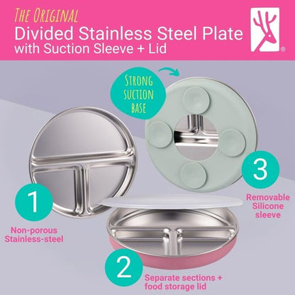 Elk and Friends Stainless Steel Divided Plates - Stay Put Suction with Silicone Sleeve | 2 Pack for Babies & Toddlers
