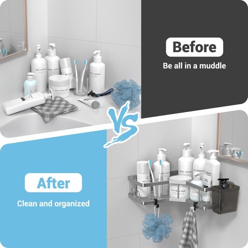 AKTECKE Corner Shower Caddy - 2 Pack Adhesive Bathroom Organizer with No-Drill Stainless Steel Rack & Hooks