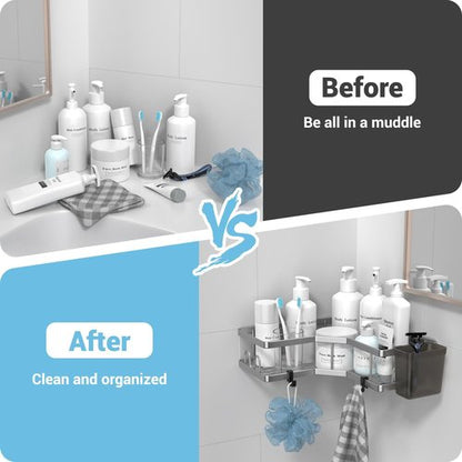AKTECKE Corner Shower Caddy - 2 Pack Adhesive Bathroom Organizer with No-Drill Stainless Steel Rack & Hooks