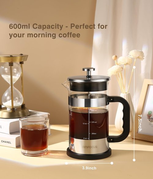 French Press Coffee Maker - 21oz Classic Glass Pot | Heat-Resistant Borosilicate with 4-Level Filters