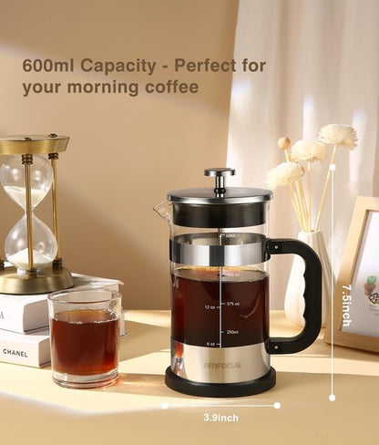 French Press Coffee Maker - 21oz Classic Glass Pot | Heat-Resistant Borosilicate with 4-Level Filters
