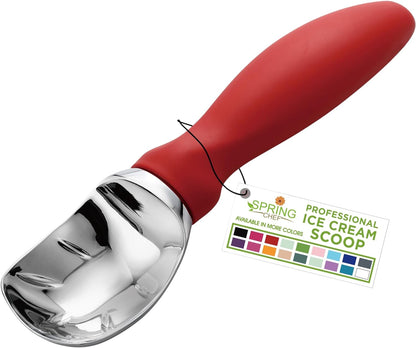 Spring Chef Ice Cream Scoop - Professional Heavy-Duty Sturdy Scooper with Soft Grip Handle | Red