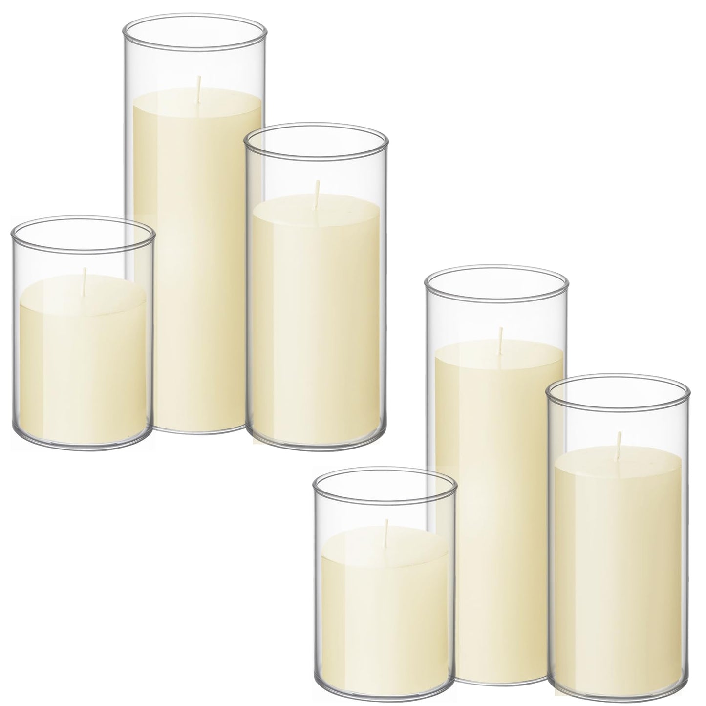 Shihanee Set of 6 Pillar Candles and Glass Cylinder Vases Clear Cylinder Holders for Slim Tall Pillar Candles Wedding Centerpieces(3.4'' x 4.7", 7", 9.8",Ivory White)