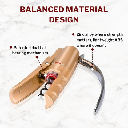 Forge Quality Compact Vertical Lever Corkscrew Wine Opener with Foil Cutter. 3 Seconds to Open a Bottle of Wine. Champagne Gold.