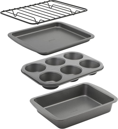 GoodCook 4-Piece Nonstick Steel Toaster Oven Set - Includes Sheet Pan, Rack, Cake Pan & Muffin Pan, Gray